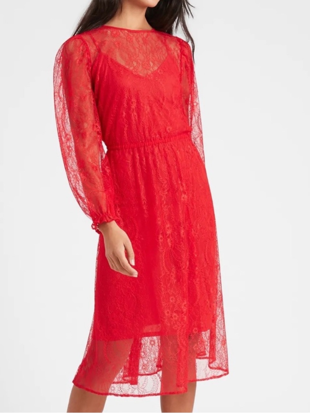 Banana Republic Red Lace overlay Midi Dress with Sheer Long Sleeves Size M NWT